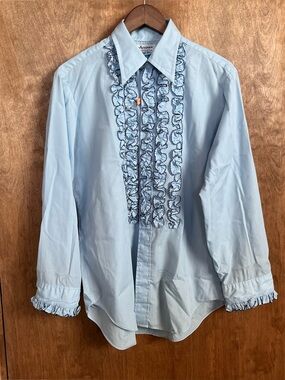 Vintage 70s Arrow Ruffle Tuxedo Shirt Powder Blue Disco Glam Formalwear